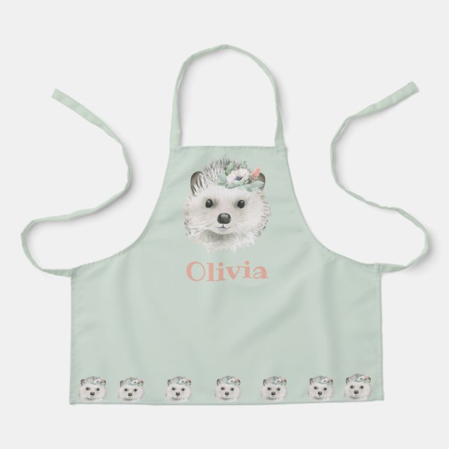 Woodland Animals Watercolor Green Pink Apron (Front)