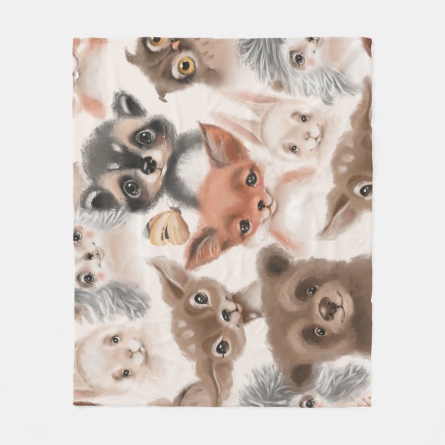 Woodland Animals: Watercolor Seamless Pattern Fleece Blanket (Front)