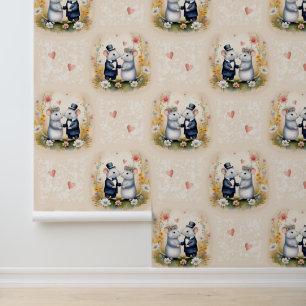 Woodland Animals Wedding Love Mice Floral  Wallpaper