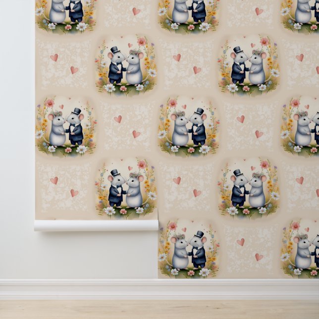 Woodland Animals Wedding Love Mice Floral  Wallpaper (Application)