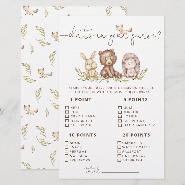 Woodland Animals What's In Your Purse Game (Front/Back)