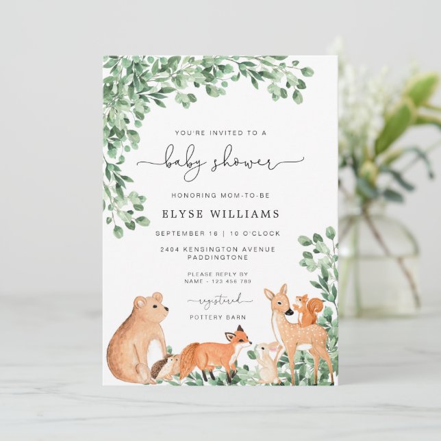 Woodland Animals White Baby Shower Invitation (Standing Front)