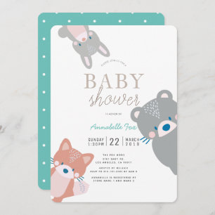 Woodland Animals White Teal Boy Baby Shower Invitation