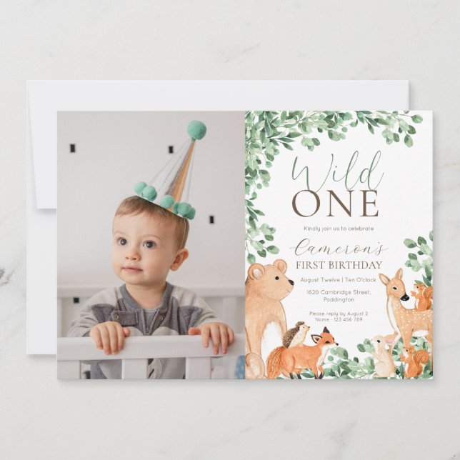 Woodland Animals Wild One First Birthday Photo Invitation (Front)