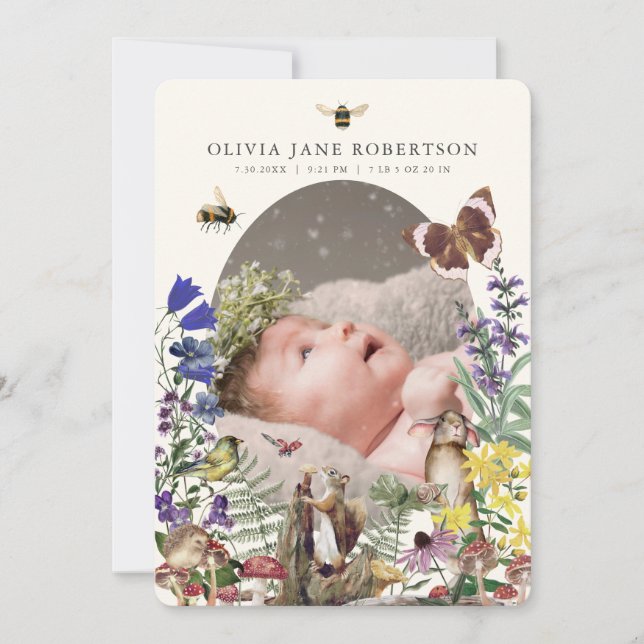 Woodland Animals & Wildflowers Birth Announcement (Front)