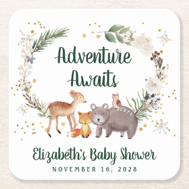 Woodland Animals Winter Baby Shower Square Paper Coaster (Front)