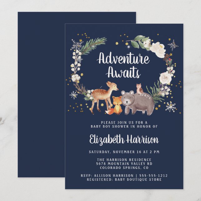 Woodland Animals Winter Blue Baby Shower Invitation (Front/Back)
