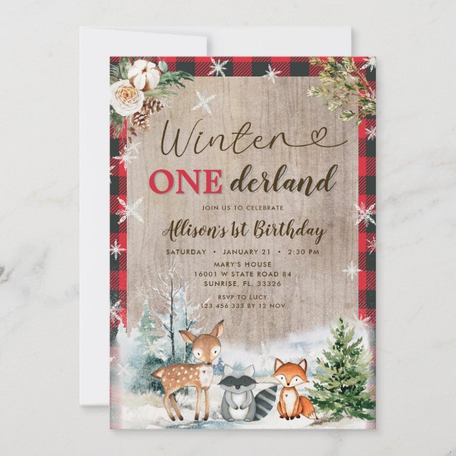  Woodland Animals Winter ONEderland 1st Birthday  Invitation (Front)