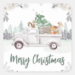 Woodland Animals Winter Truck Christmas  Square Sticker