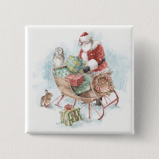 Woodland Animals with Santa Claus and His Sleigh 2 Inch Square Button (Front)