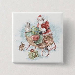Woodland Animals with Santa Claus and His Sleigh 2 Inch Square Button
