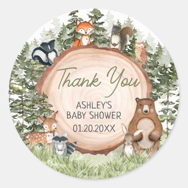Woodland Animals Wood Slice Baby Shower Classic Round Sticker (Front)