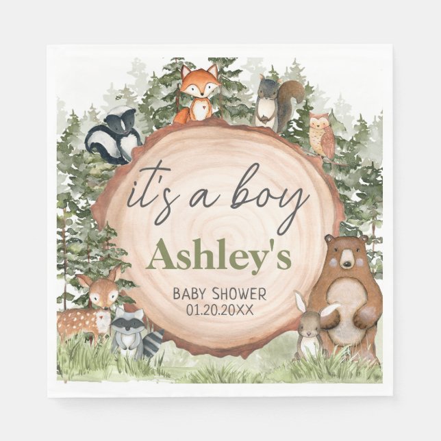 Woodland Animals Wood Slice Baby Shower Napkin (Front)