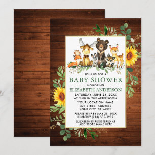 Woodland Animals Wood Sunflowers Baby Shower Invitation