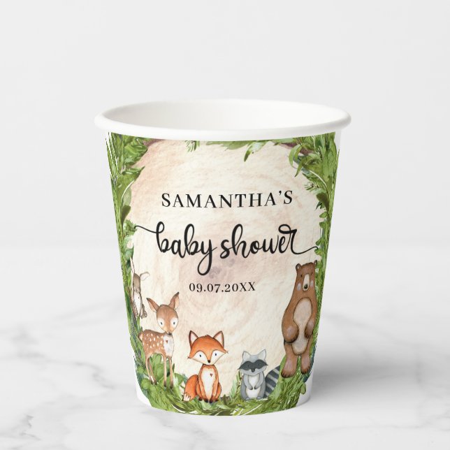 Woodland animals wooden log slice baby shower paper cups (Front)