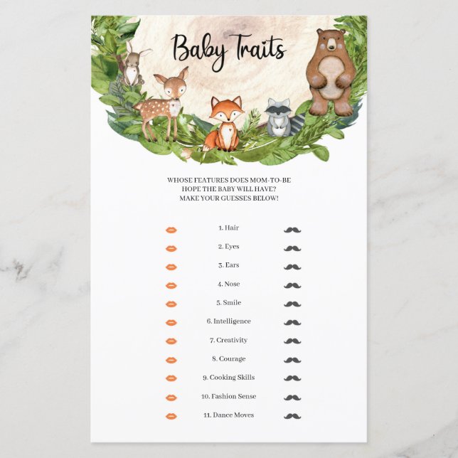 Woodland animals wooden slice green Baby Traits  (Front)