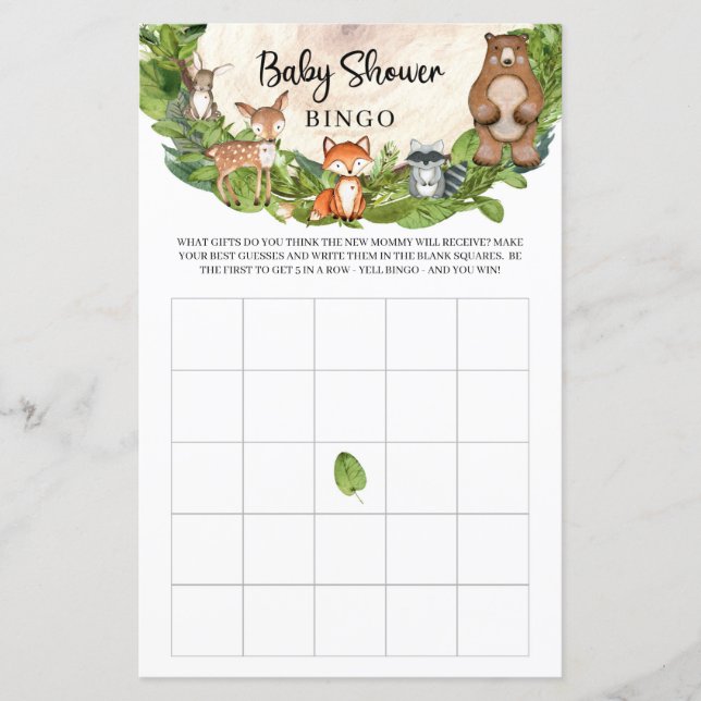 Woodland animals wooden slice greenery baby bingo (Front)