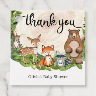 Woodland animals wooden slice greenery baby shower favour tags