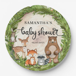 Woodland animals wooden slice greenery baby shower paper plate