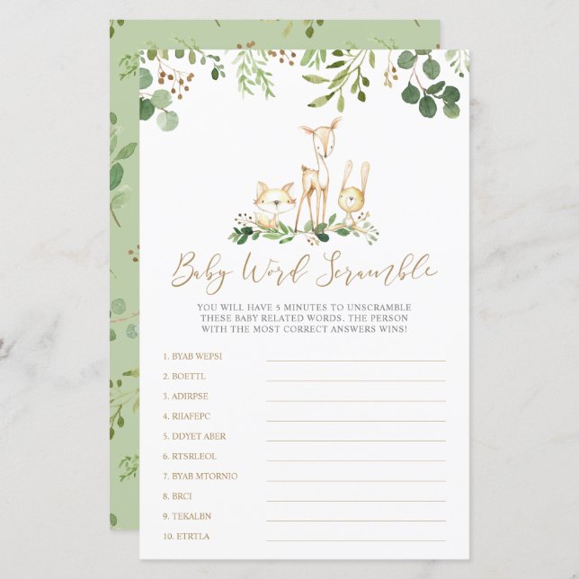 Woodland Animals Word Scramble Baby Shower Game (Front/Back)