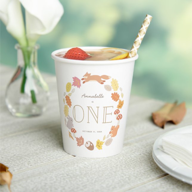 Woodland Animals Wreath Fall 1st Birthday Paper Cups (Insitu)