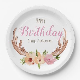 Woodland antler floral kid birthday paper plate
