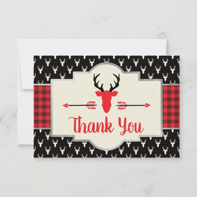 Woodland Antlers Thank You Card, Buffalo Plaid (Front)