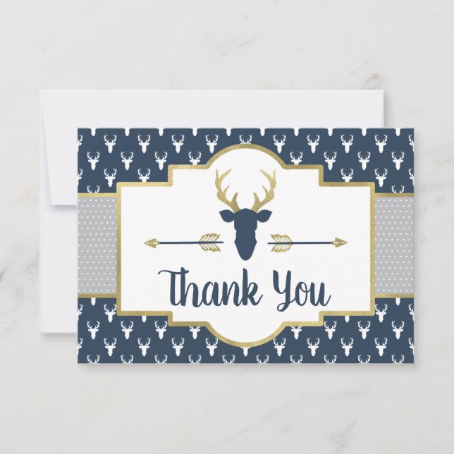 Woodland Antlers Thank You Card, Navy, Grey (Front)