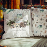 Woodland Aurora Nursery Personalized Throw Pillow<br><div class="desc">Bring the magic of the Northern Lights to your baby's nursery with this enchanting Woodland Aurora Personalized Throw Pillow. This beautifully illustrated pillow features a serene woodland scene complete with a whimsical aurora borealis backdrop, playful huskies, and a gentle yak, creating a storybook ambiance. Perfect for adding a personalized touch,...</div>