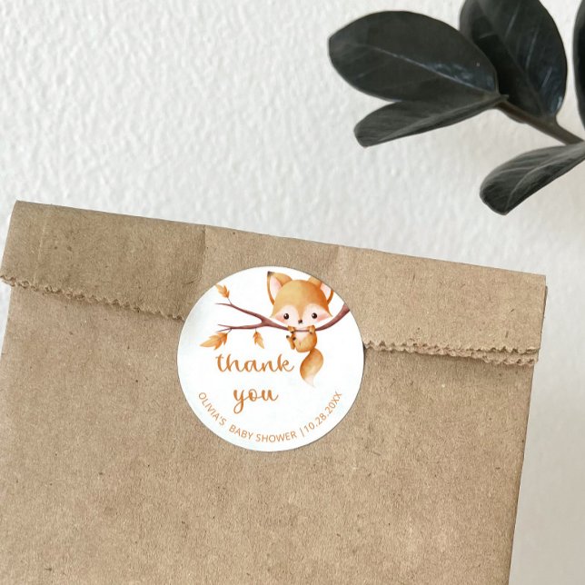 Woodland Autumn Baby Fox Thank You Classic Round Sticker (Creator Uploaded)