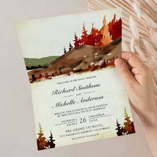 Woodland Autumn Forest Mountain QR Code Wedding Invitation