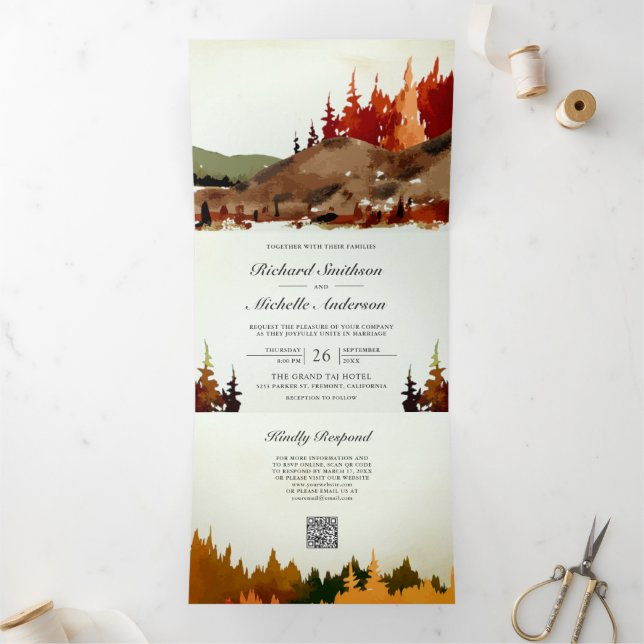 Woodland Autumn Forest Mountain QR Code Wedding Tri-Fold Invitation (Inside)