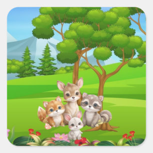 Woodland Baby Animals Baby Bib — Cute Forest Frien Square Sticker