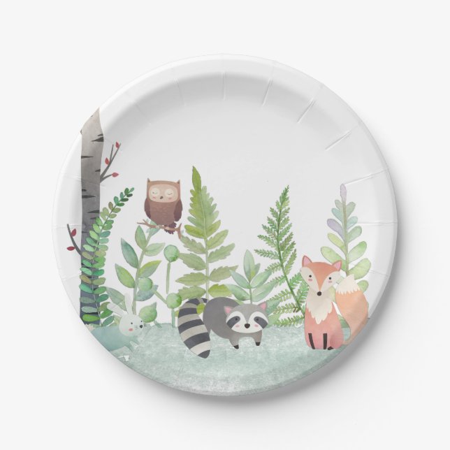 Woodland Baby Animals Greenery Baby Shower Party Paper Plate (Front)