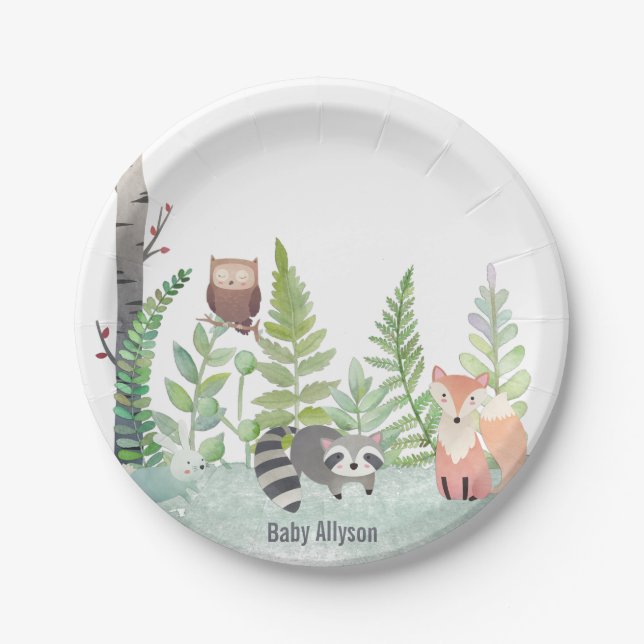 Woodland Baby Animals Greenery Monongram | Paper Plate (Front)