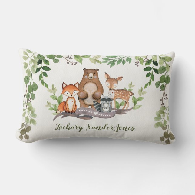 Woodland Baby Animals Greenery Nursery Decoration Lumbar Pillow (Front)