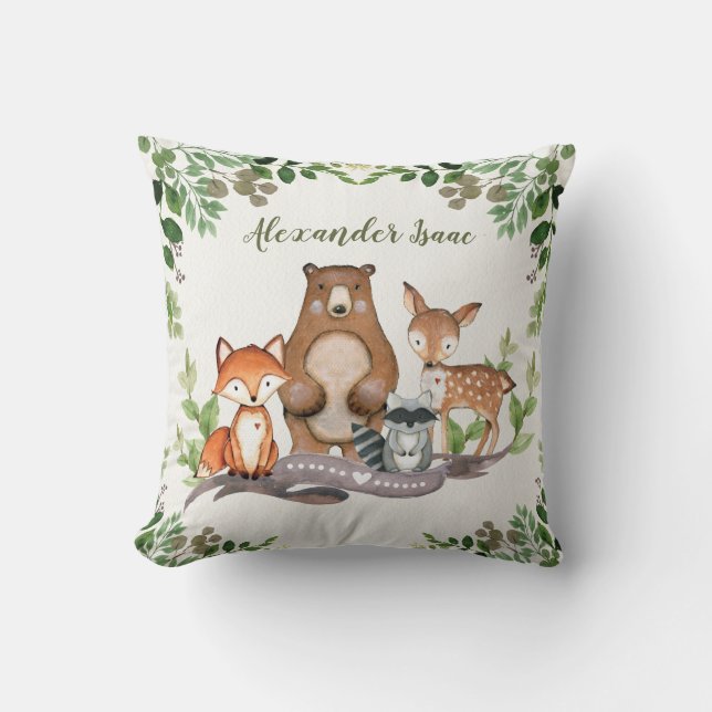Woodland Baby Animals Greenery Nursery Decoration Throw Pillow (Front)