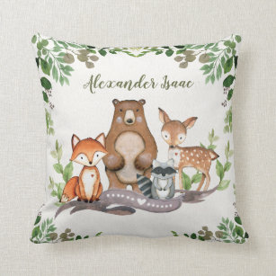 Woodland Baby Animals Greenery Nursery Decoration Throw Pillow