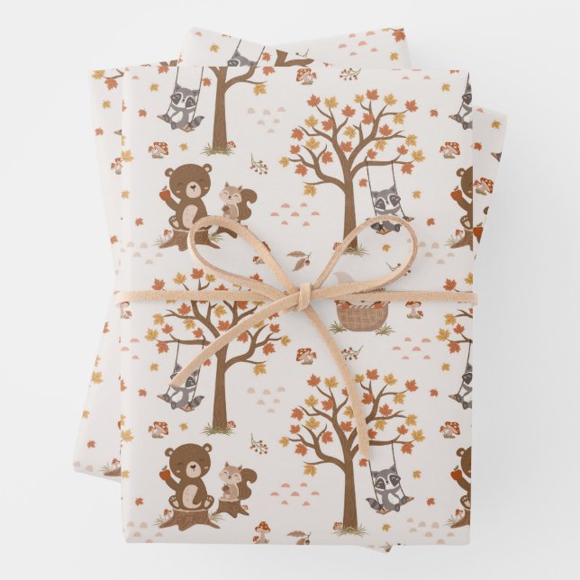 Woodland Baby Bears Squirrels Raccoon Baby Shower  Wrapping Paper Sheet (In situ)