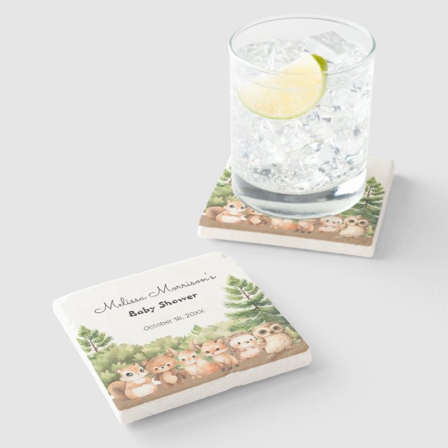Woodland Baby Boy Shower Stone Coaster (Side)
