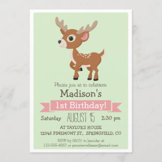 Woodland Baby Deer, Fawn Birthday Party Invitation