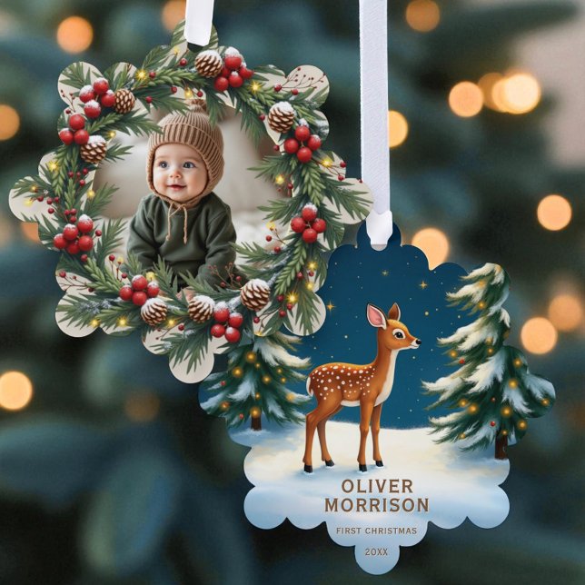 Woodland Baby Deer First Christmas Personalized Ornament Card (Creator Uploaded)