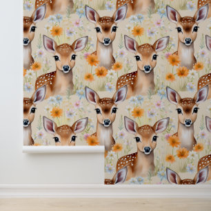 Woodland Baby Deer in a Floral Field Wallpaper