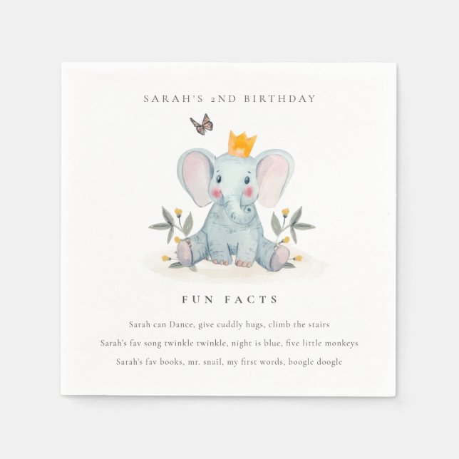 Woodland Baby Elephant Foliage Fun Facts Birthday Napkin (Front)
