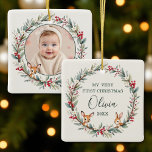 Woodland Baby First Christmas Customized Photo Ceramic Ornament<br><div class="desc">Celebrate your little one’s first holiday season with this Woodland Baby First Christmas Customized Photo Ceramic Ornament. Featuring charming woodland elements and space for your favourite photo, this keepsake adds a warm, rustic touch to your holiday décor. Perfect for new parents and grandparents, this personalized ornament is crafted from durable...</div>