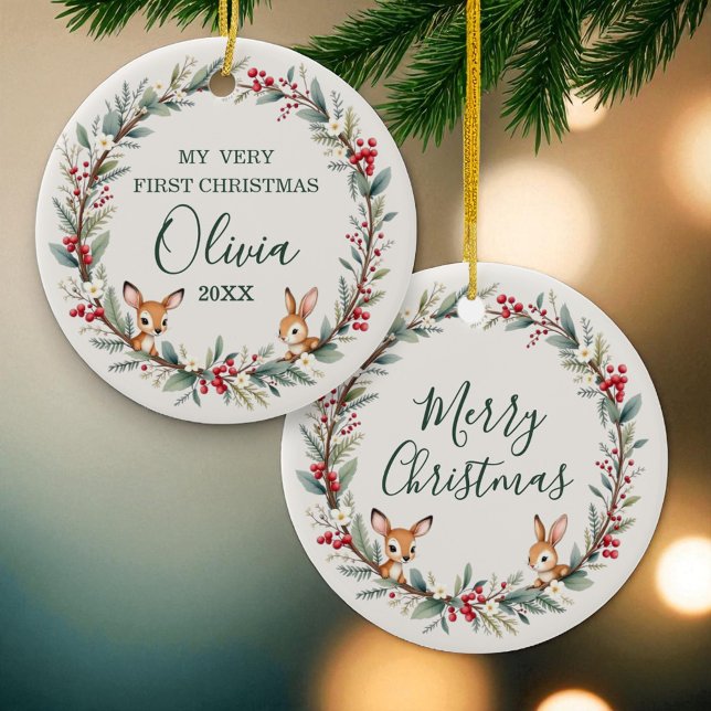 Woodland Baby First Christmas Personalized  Ceramic Ornament (Creator Uploaded)