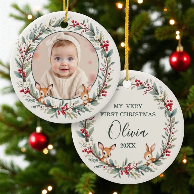 Woodland Baby First Christmas Personalized Photo Ceramic Ornament (Creator Uploaded)