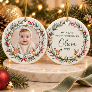 Woodland Baby First Christmas Personalized Photo Ceramic Ornament