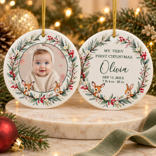 Woodland Baby First Christmas Photo Ceramic Ornament