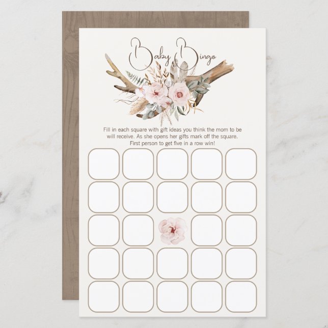 Woodland Baby Shower Bingo Game – Rustic Boho Wate (Front/Back)